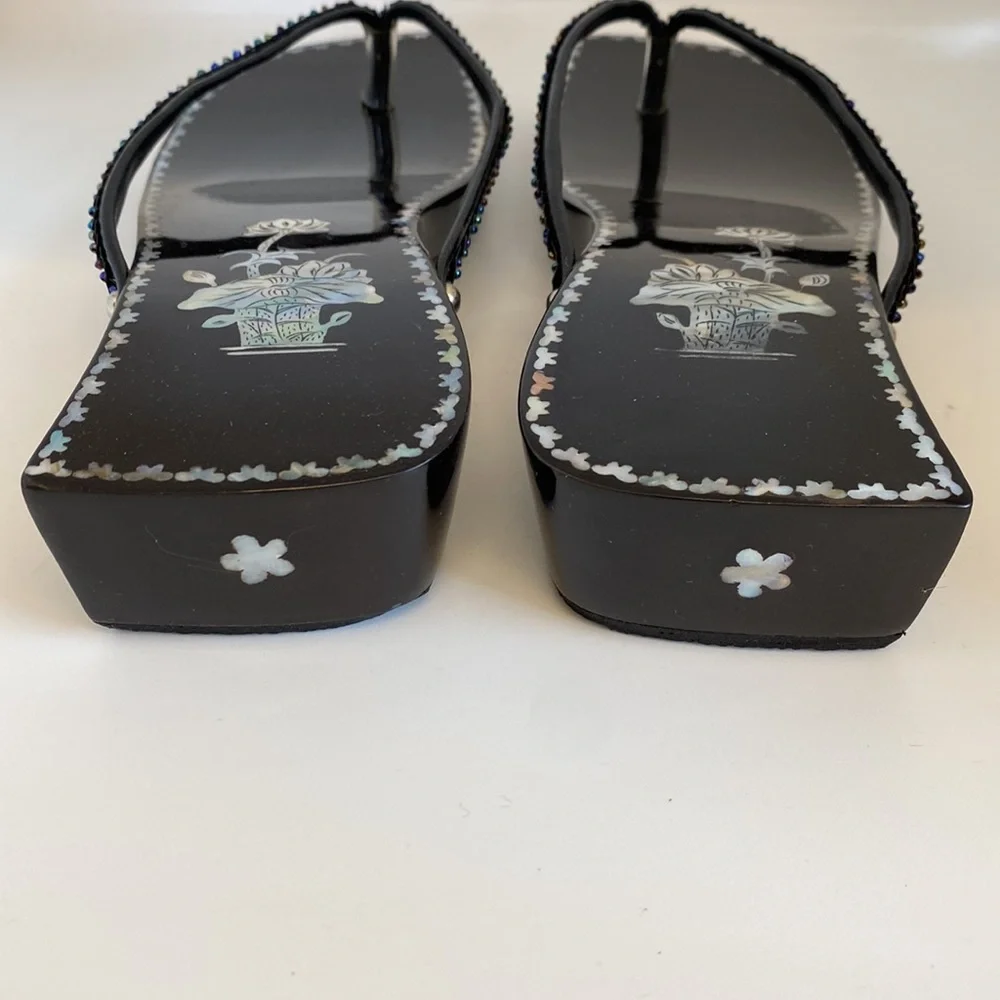 - New Asian Oriental Flip Flops Sandals MOP Inlay Black Lacquer Wood - Picture 4 of 9